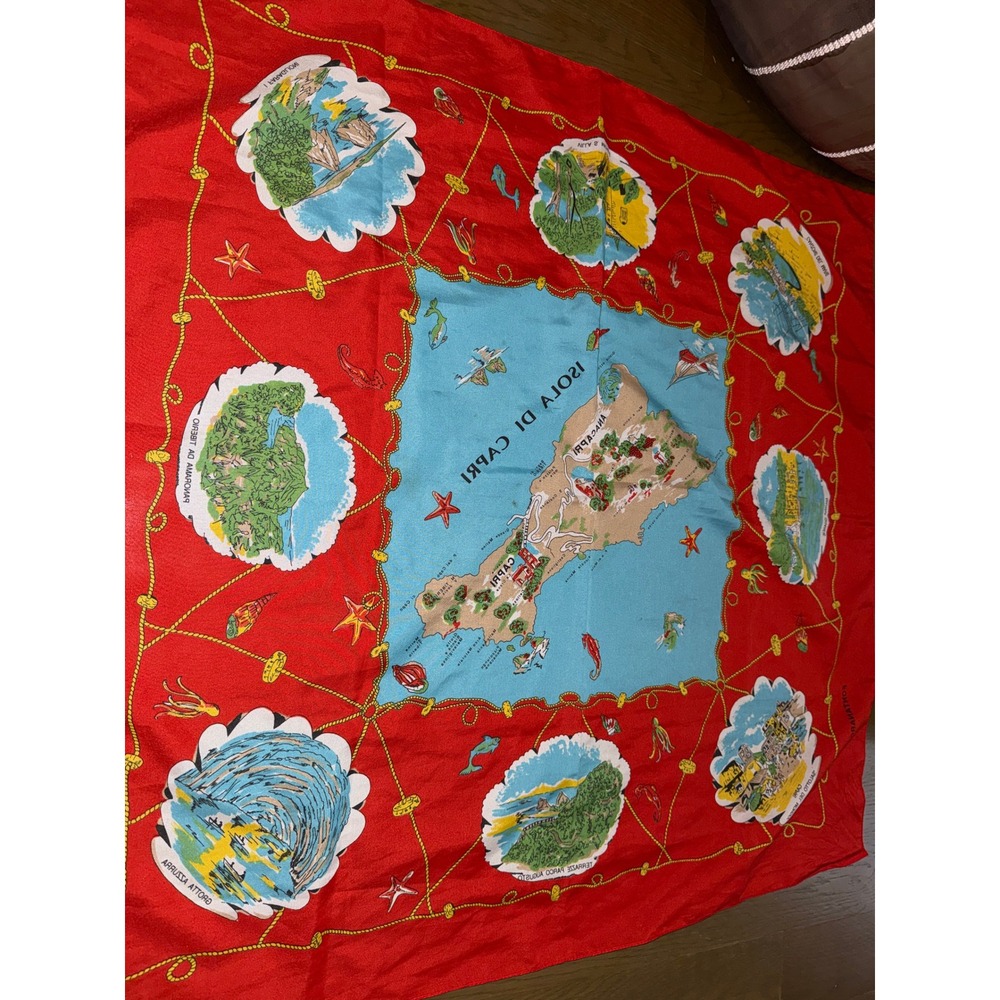 Vintage Isola Di Capri Italy Map Souvenir Scarf Red Blue Nautical Coastal